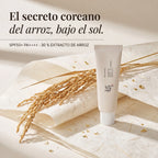 Protector solar Beauty of Joseon Relief Sun SPF50+ PA++++ sobre papel hanji con espigas de arroz