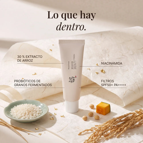 Lo que hay dentro del Relief Sun: 30 % extracto de arroz, probióticos, niacinamida y filtros SPF50+ PA++++