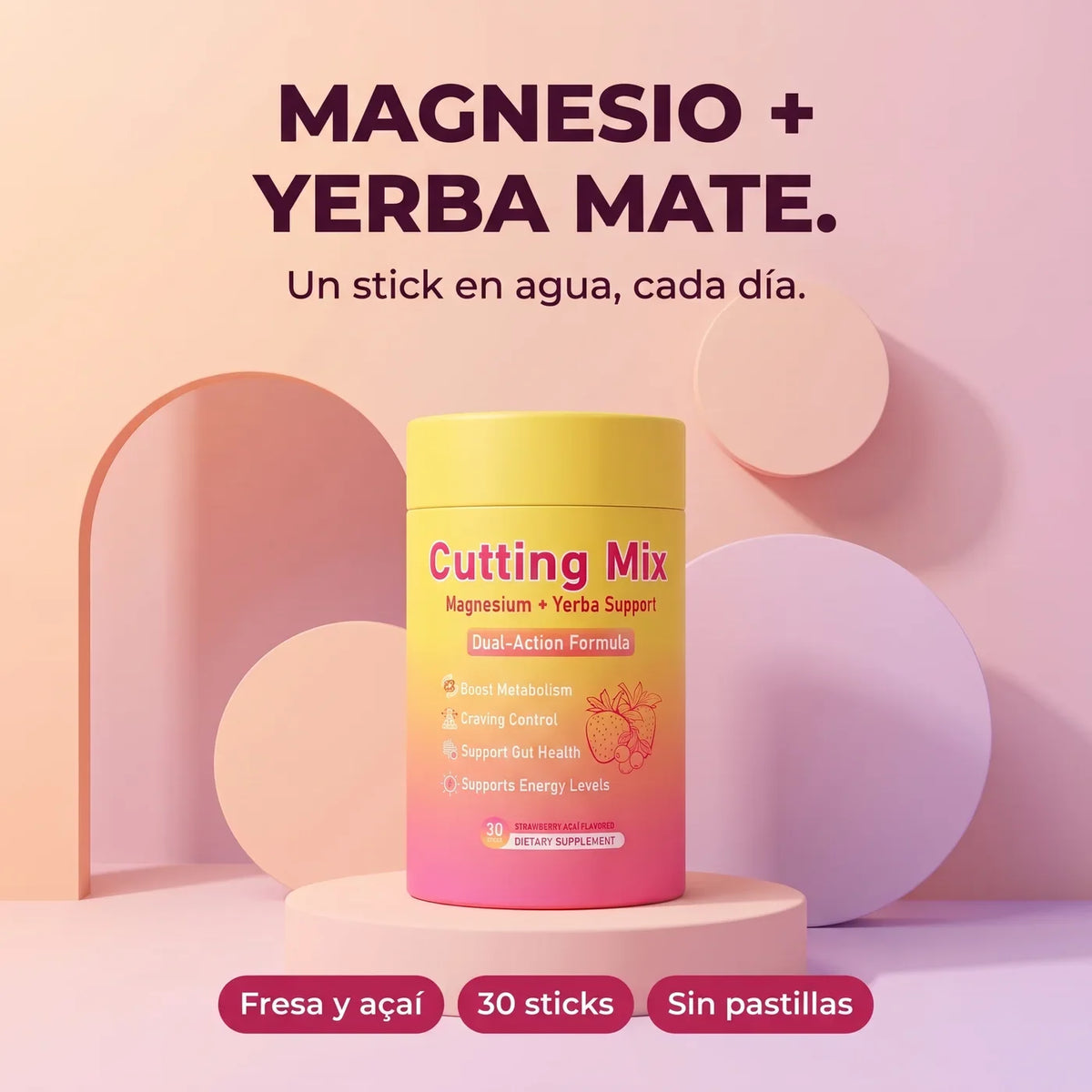 Cutting Mix: magnesio + yerba mate, sabor fresa y açaí, 30 sticks
