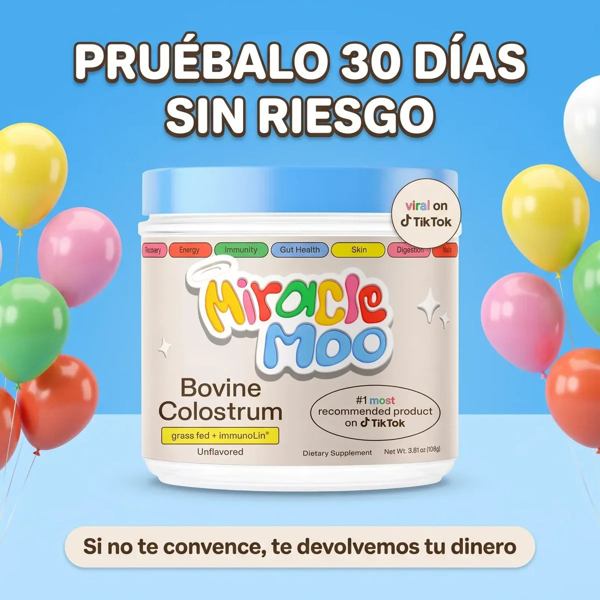 Frasco de Miracle Moo con el mensaje: pruébalo 30 días sin riesgo, si no te convence te devolvemos tu dinero