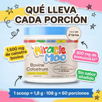Qué lleva cada porción de Miracle Moo: 1.500 mg de calostro bovino, 300 mg de ImmunoLin y sin sabor añadido