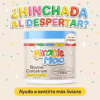 Frasco de Miracle Moo Bovine Colostrum 108 g con el titular ¿Hinchada al despertar?